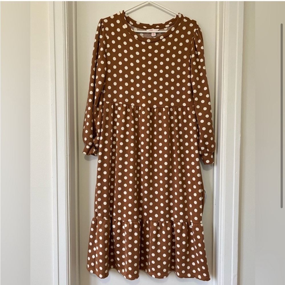 Jillian Harris X Collab JF Shay Dress-SzS-NWOT-Tan-White-Polkadot-lagenlook☀️ - Picture 5 of 7